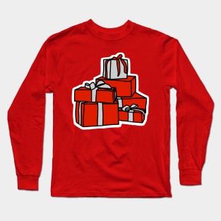 A Pile of Wrapped Gift Boxes in Red and Silver for Christmas Long Sleeve T-Shirt